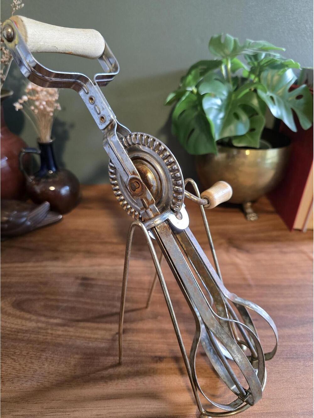 Vintage Rotary Hand Mixer / Egg Beater with Wooden Handles & Display Stand
